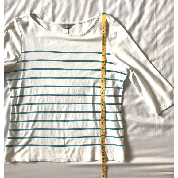 Christopher & Banks Top Tee L White Aqua Stripe 3/4 Slv Sequins Cotton Knit EEUC - Picture 8 of 9